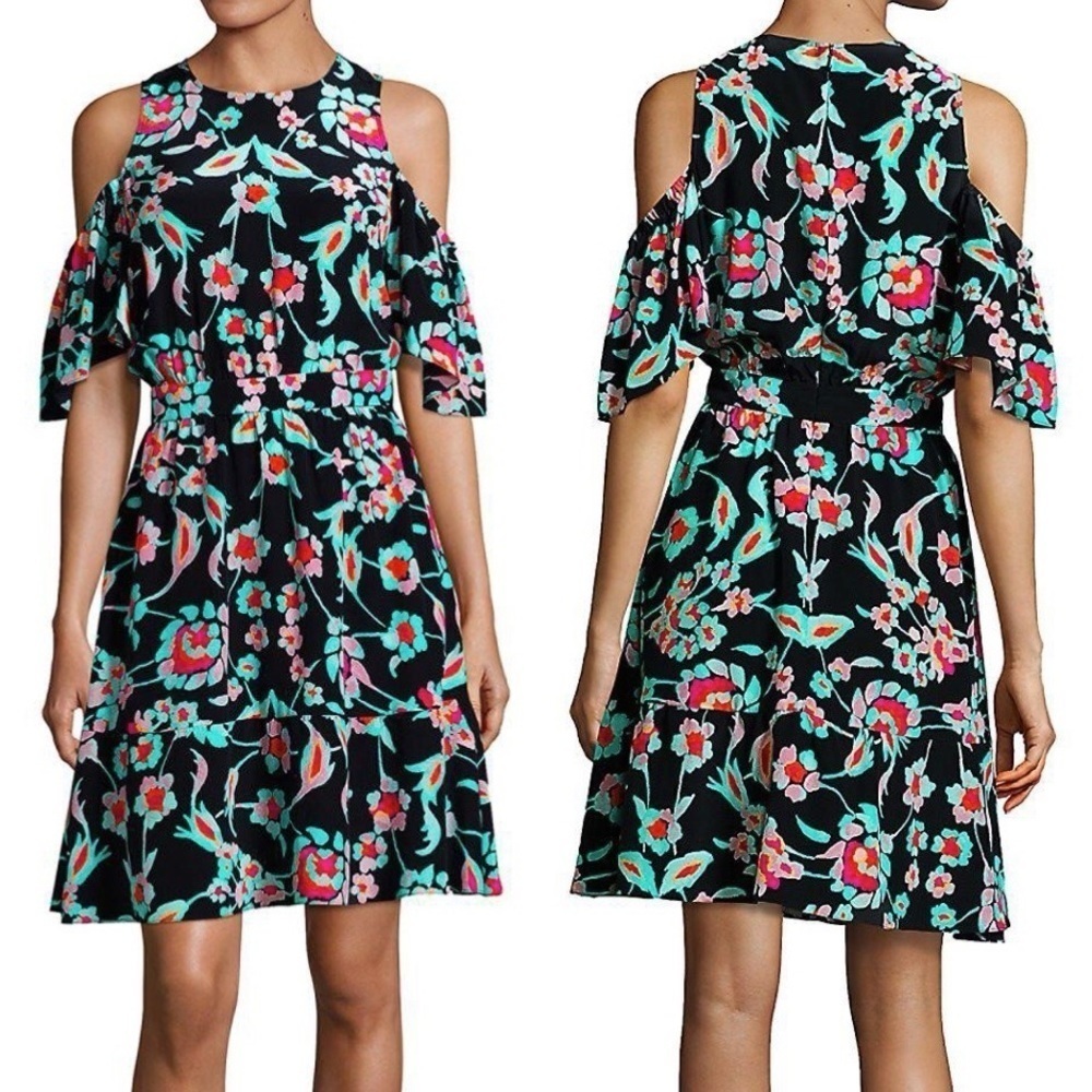 Tanya Taylor Black Floral Shiloh Silk Cold Shoulder Mini Dress Size 2 US